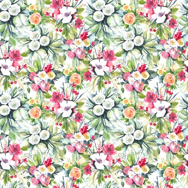 Watercolor seamless pattern with flowers: blue, purple, white. Abstract floral pattern. Bright and colorful background for textile, fabric, birthday card, wedding invitation, etc.