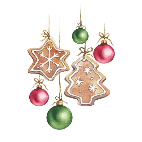 Watercolor Christmas gingerbread cookies a star and a Christmas tree with Christmas balls red and green. Decoration elements