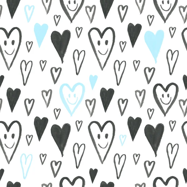 Hand drawn pattern with smiling hearts. Cartoon background. Romantic pattern. Love hearts smiley face. Valentine's day. 14 february, wedding — 스톡 사진