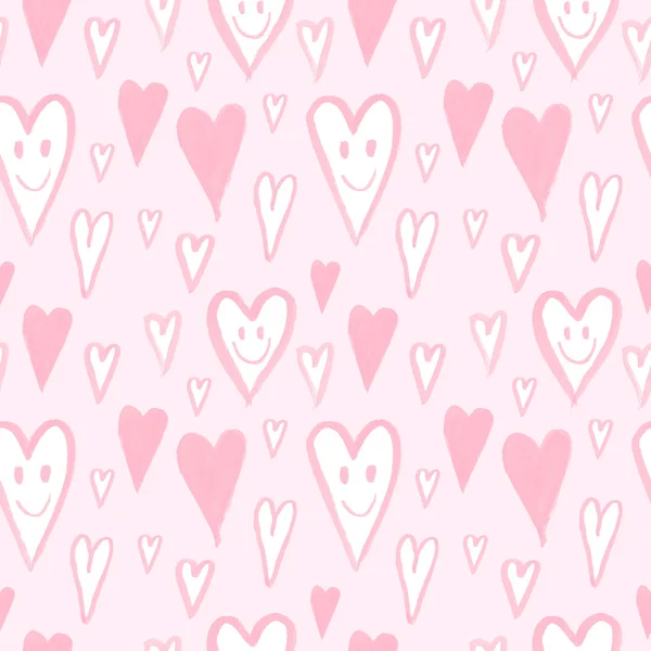 Hand drawn pattern with smiling hearts. Cartoon background. Romantic pattern. Love hearts smiley face. Valentine's day. 14 february, wedding — 스톡 사진