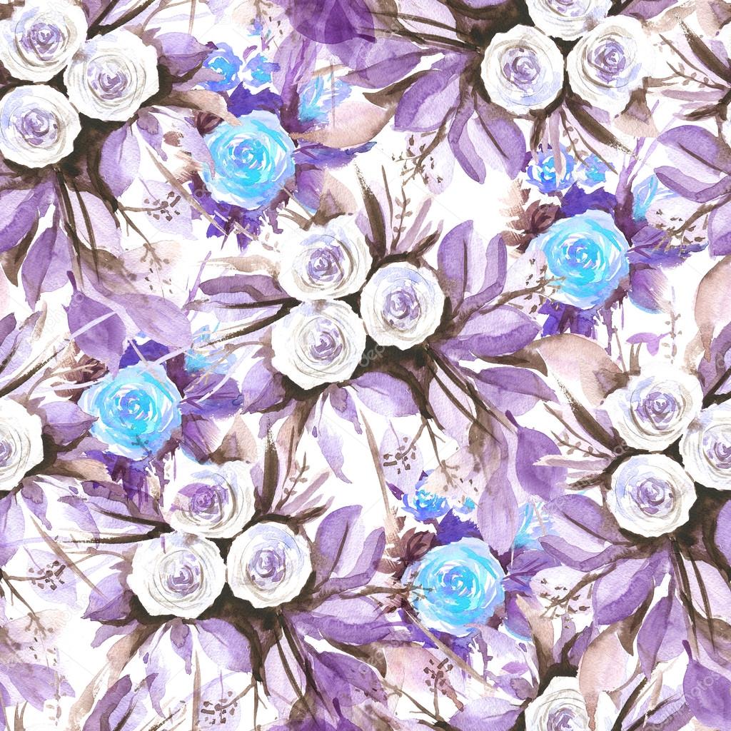 Watercolor seamless pattern with flowers: blue, purple, white. Abstract floral pattern. Bright and colorful background for textile, fabric, birthday card, wedding invitation, etc.