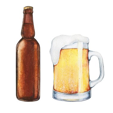Watercolor glass of beer with a bottle of beer. Food illustration. t. Food illustration. Craft beer