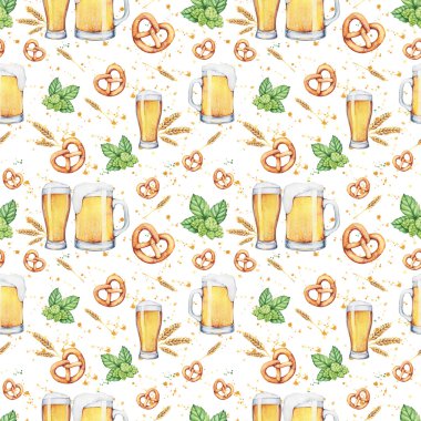 Seamless pattern with watercolor beer with  hops, wheat, pretzel.