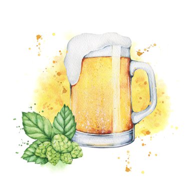 Watercolor beer with  hops. Food illustration.