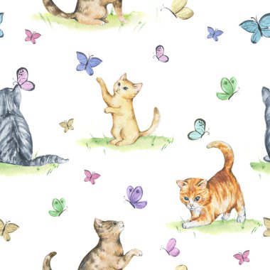 Seamless watercolor pattern with cute little kittens in floral wreaths playing with butterflies. Hand drawn animalistic pattern. Spring/summer mood