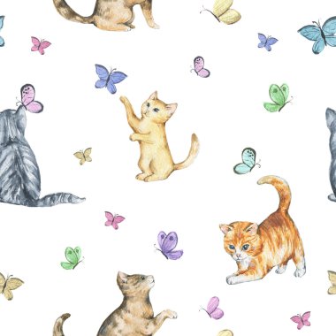 Seamless watercolor pattern with cute little kittens in floral wreaths playing with butterflies. Hand drawn animalistic pattern. Spring/summer mood