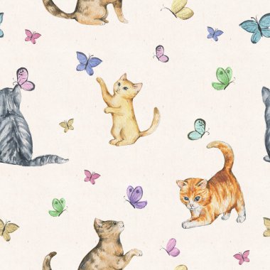 Seamless watercolor pattern with cute little kittens in floral wreaths playing with butterflies. Hand drawn animalistic pattern. Spring/summer mood