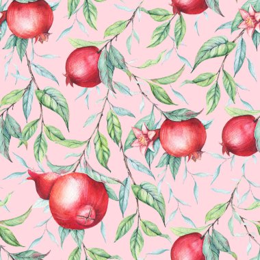 Elle çizilmiş sulu boya Dikişsiz desen nar Şubesi