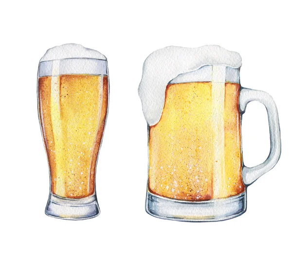 Watercolor mug (pint) and glass of beer. Food illustration. With watercolor texture