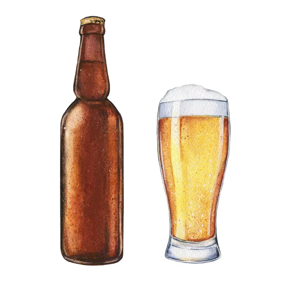 Watercolor glass of beer with a bottle of beer. Food illustration. t. Food illustration. Craft beer