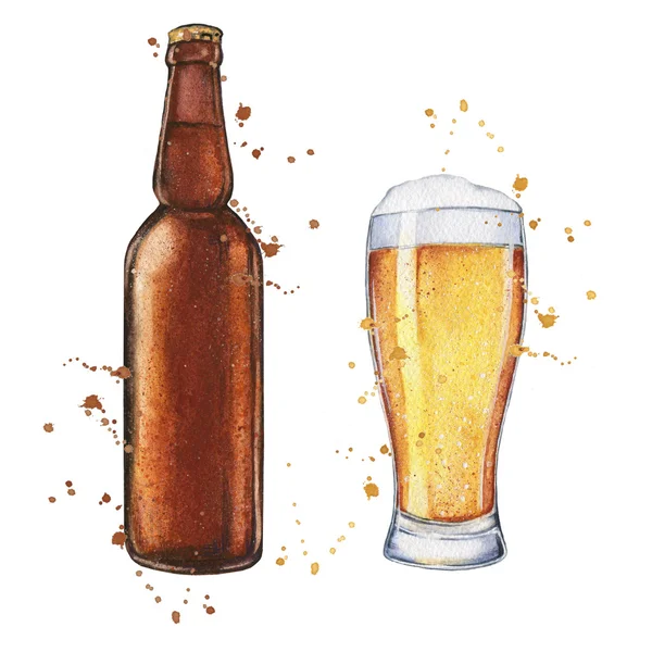 Watercolor glass of beer with a bottle of beer. Food illustration. — Stock fotografie