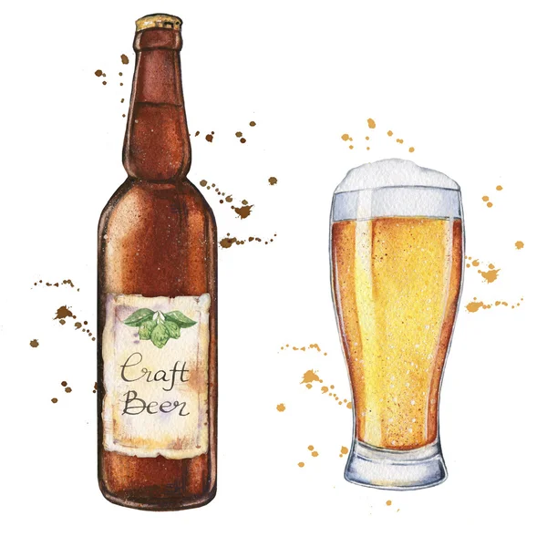 Verre aquarelle de bière avec une bouteille de bière. Illustration alimentaire . — Photo