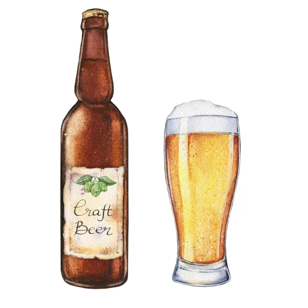 Copa de acuarela de cerveza con una botella de cerveza. Ilustración alimentaria . —  Fotos de Stock