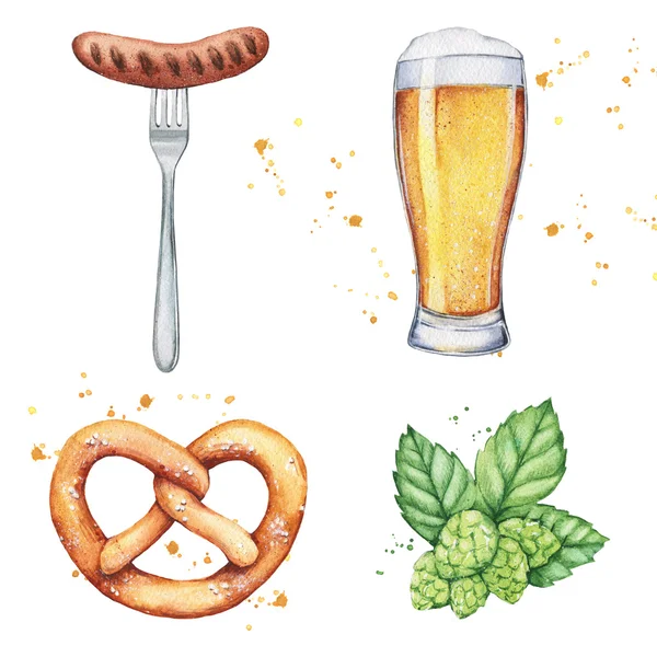 Set of watercolor glass of beer, hops, pretzel and sausage — ストック写真