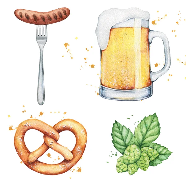 Набор акварельных стаканов пива, хмеля, кренделя и колбасы — стоковое фото
