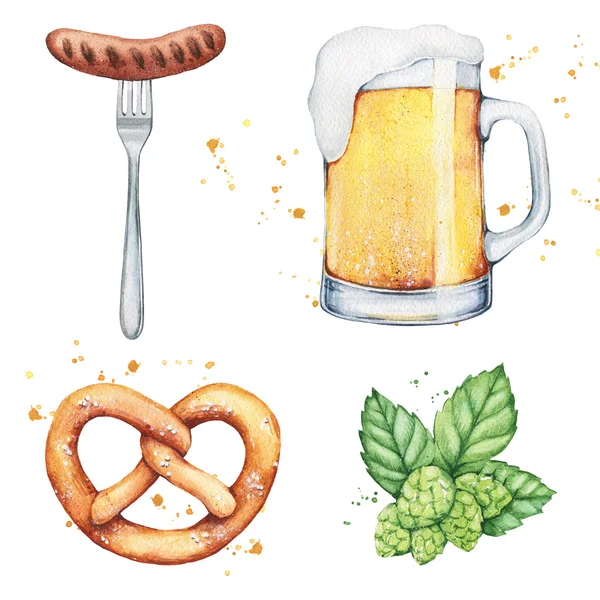 Set of watercolor glass of beer, hops, pretzel and sausage