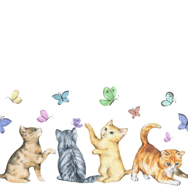 Seamless watercolor border with cute little kittens playing with butterflies. Hand drawn animals illustrations. Spring/summer mood