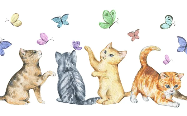 Seamless watercolor border with cute little kittens playing with butterflies. Hand drawn animals illustrations. Spring/summer mood