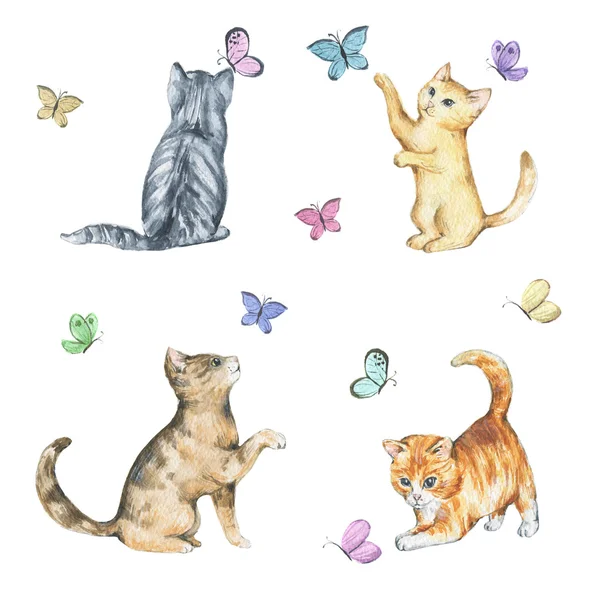 Set of watercolor cute little kittens in playing with butterflies. Hand drawn animals illustrations. Isolated on white. Spring/summer mood.