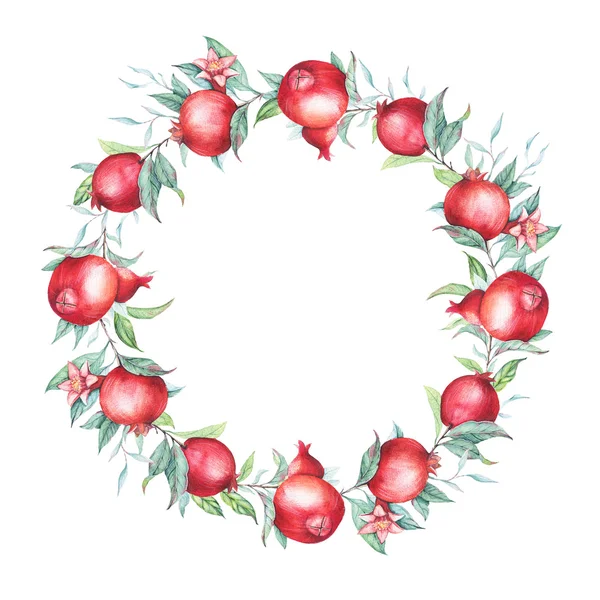 Suluboya botanik çizim üzerinde beyaz izole yeşil yaprakları ile nar şubesi ile el çekilmiş çelenk.