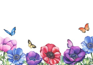 Kelebekler çerçeve ile suluboya anemon çiçeği