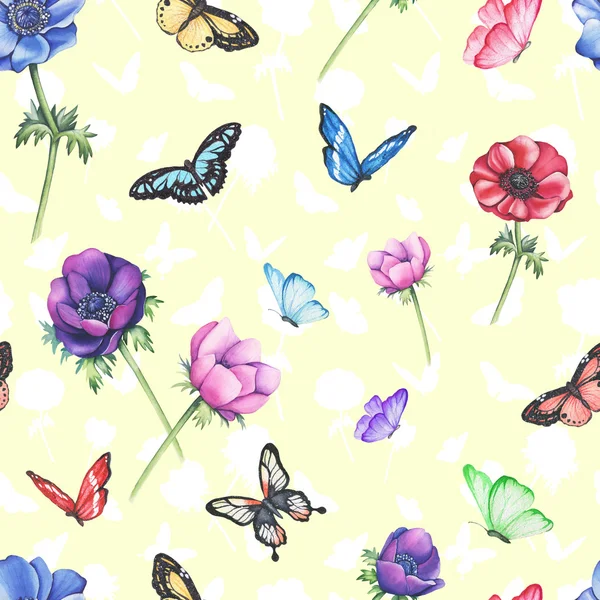 Seamless pattern anemones with butterflies. Watercolor — Stock Photo, Image