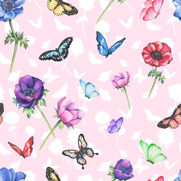 Seamless pattern anemones with butterflies. Watercolor — Stock Photo, Image