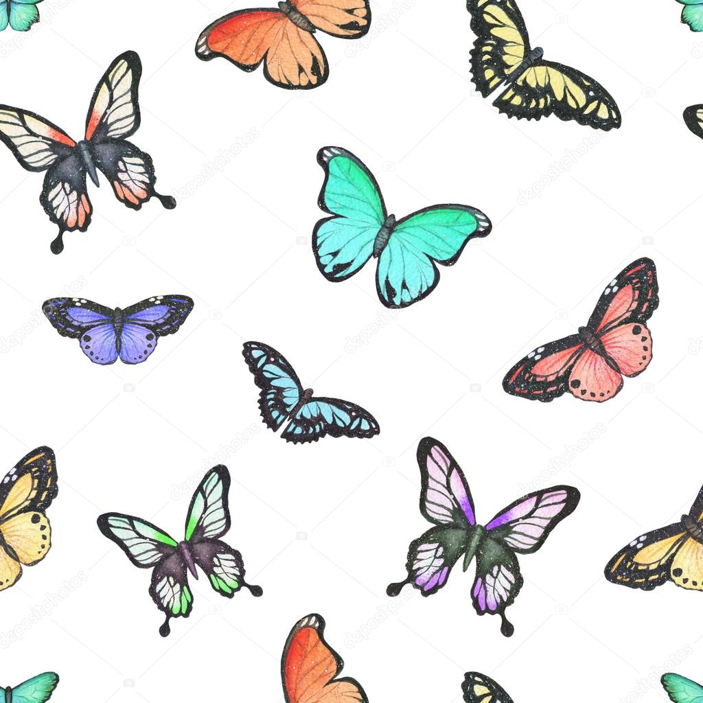 Seamless pattern with butteflies. Watercolor