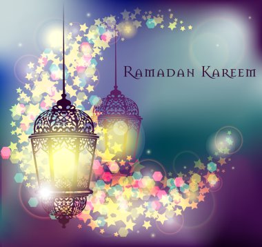 Ramazan Kareem üzerinde tebrik arka plan güzel ışıklı Arapça lamba vektör çizim ile bulanık..