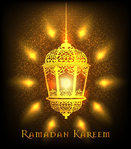 Ramadan Kareem greeting on blurred background with beautiful illuminated arabic lamp Vector illustration. — Stock Vector
