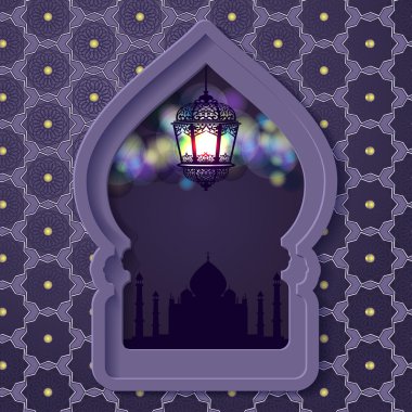 Ramazan Kareem üzerinde tebrik arka plan güzel ışıklı Arapça lamba vektör çizim ile bulanık..