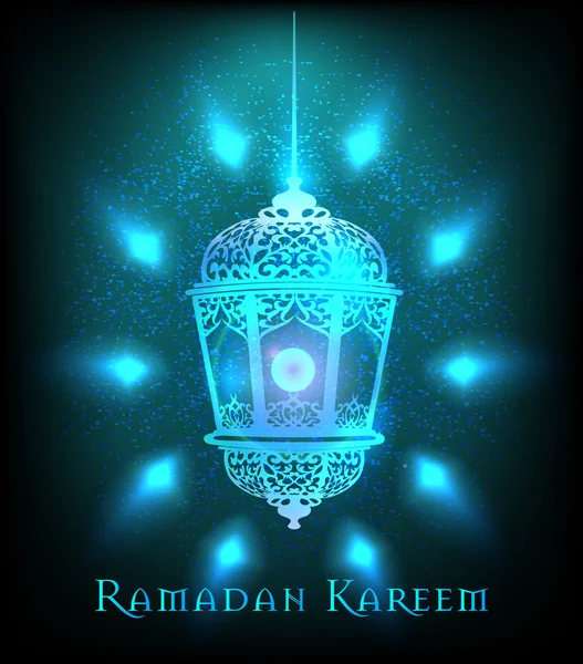 ラマダン カリームの挨拶美しい照らされたアラビア語ランプ ベクトル図と背景がぼやけてください。. — ストックベクタ