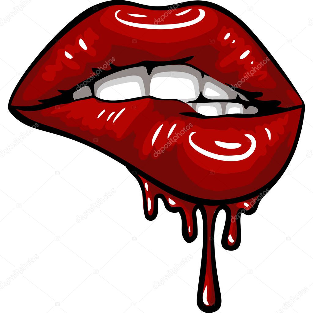 Open Mouth with Red Lips Biting. womens mouth. Vector