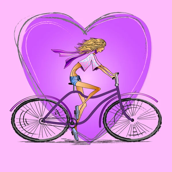 Chica con bicicleta — Vector de stock