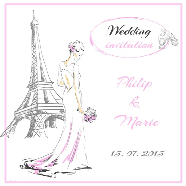 Paris Fransa düğün kartı, davetiye gelin — Stok Vektör