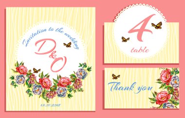 Wedding card invitation with bride and blooming flowers clipart