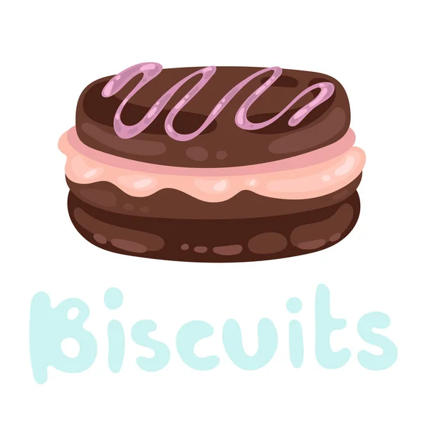 Biscuits à la crème au chocolat brun sur blanc. Symbole de pâtisserie au design plat. Cookies ou biscuits icône. Nourriture drôle, doodle mignonnes bonbons kawaii. Concept biscuit pour logo, carte, typographie, affiche, impression. — Image vectorielle