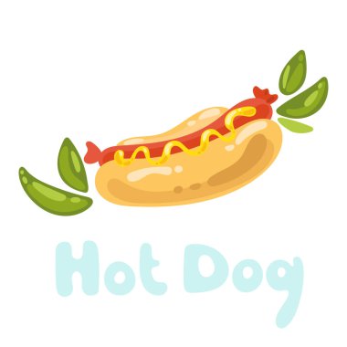 Hardallı ve yapraklı sosisli sandviç. Uygulamalar ve web siteleri için simge. Ulusal Amerikan abur cuburu. Sosisli sandviç, komik yemekler, tatlı kawaii tarzı karalamalar. Yan görüş. Minimalist tasarım.