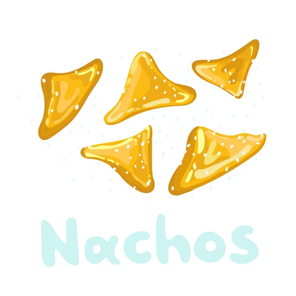 Nacho Clipart mengapung dengan garam. Keripik tortilla atau nachos flat vector ikon kuning untuk aplikasi dan situs web. Ilustrasi rata kartun tentang makanan Meksiko yang diisolasi dengan warna putih dengan judul. - Stok Vektor
