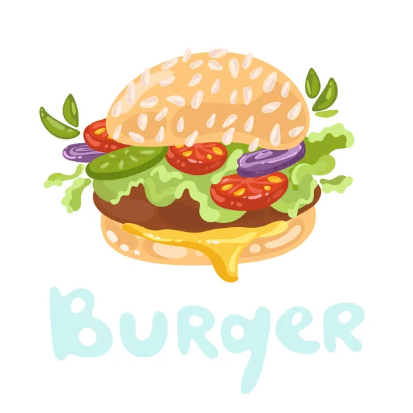 Americký cheeseburger. Přísady hamburgerů. Reklama na hamburgery. Rychlé občerstvení, nezdravé jídlo. Prvky pro design jídelního lístku restaurace Burgers. Doodle image, kawaiský styl. Američané si berou jídlo. — Stockový vektor