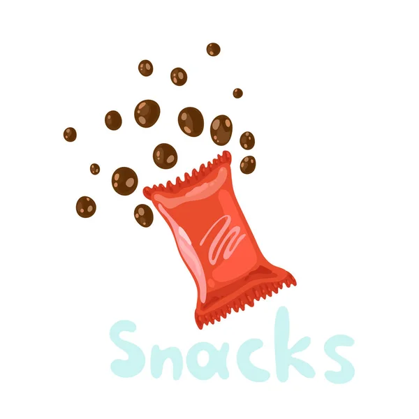 Productos de snack o snacks de comida rápida aislados sobre fondo blanco. Ilustración plana kawaii en vector. Dulces de comida chatarra en paquete de plástico rojo. Los chocolates de bolas están flotando hacia arriba. Embalaje de bolsa de papel — Vector de stock