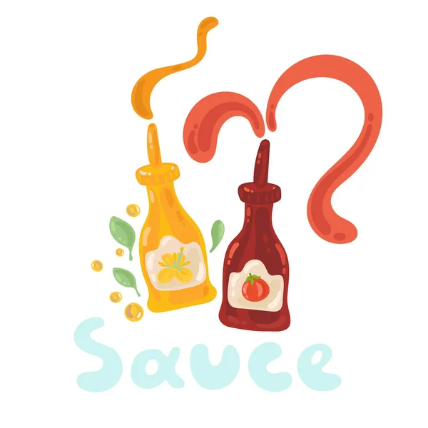 Mosterd en ketchup voorraad illustratie. Twee saus flessen met spetters. Leuke grappige tomaat, mosterdzaadjes en bladeren. Voedselmenu illustratie op witte achtergrond met zwevende vloeistoffen. — Stockvector