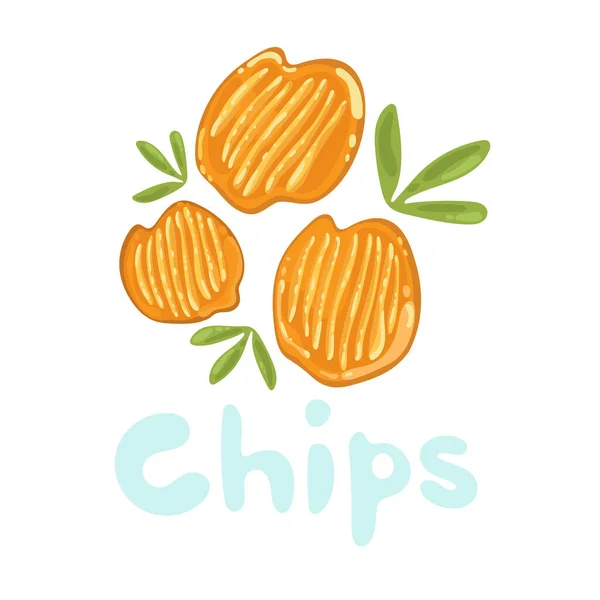 Potatischips clipart vektor ikon. Lager isolerade söt tecknad snabbmat illustration. Orange, gula vågiga grönsakschips. Vegansk kawaii-mat. Heap av salt chips med blad. Filmkrispiga snacks. — Stock vektor