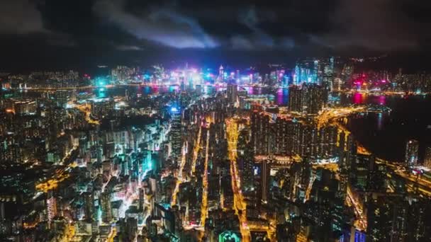 Гиперлапс Городского Пейзажа Гонконга Транспорт Ночью Вид Беспилотника Гавани Виктория — стоковое видео