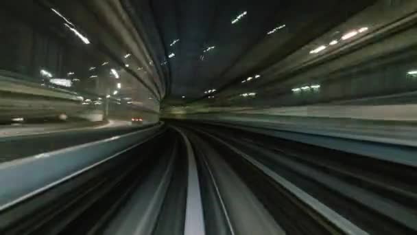 Synvinkeln Hyperlapse Time Lapse Snabba Tåg Färdas Framåt Yurikamome Tåglinje — Stockvideo