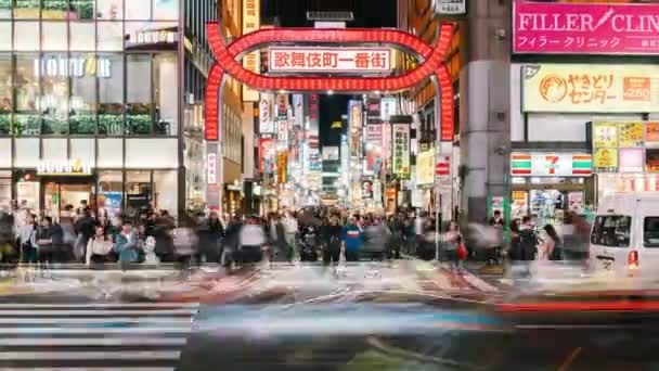 東京都 2019年11月1日 人通りの多いアジア人のタイムラプス 歌舞伎町の赤い光の地区での旅行者の散歩や横断道路 日本のナイトライフ文化 東京のランドマークまたは日本の交通概念 — ストック動画
