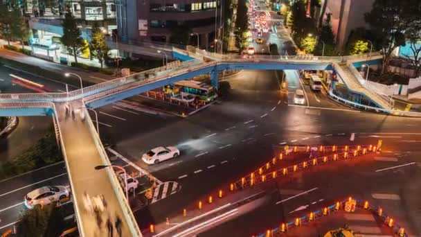 Časová Prodleva Automobilové Dopravy Křižovatce Dav Japonců Chodí Noci Mostě — Stock video