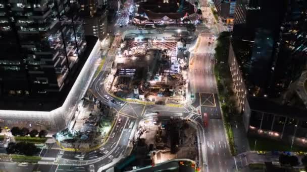 Hyperlapse Time Lapse Transportu Samochodowego Dźwig Budowie Nocy Centrum Singapuru — Wideo stockowe