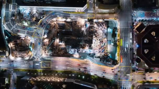 Hyperlapse Time Lapse Transportu Samochodowego Dźwig Budowie Nocy Centrum Singapuru — Wideo stockowe