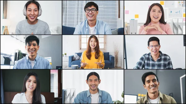 Grupp Unga Asiatiska Affärsmän Kontor Medarbetare Video Online Konferenssamtal Fjärrstyrt — Stockfoto